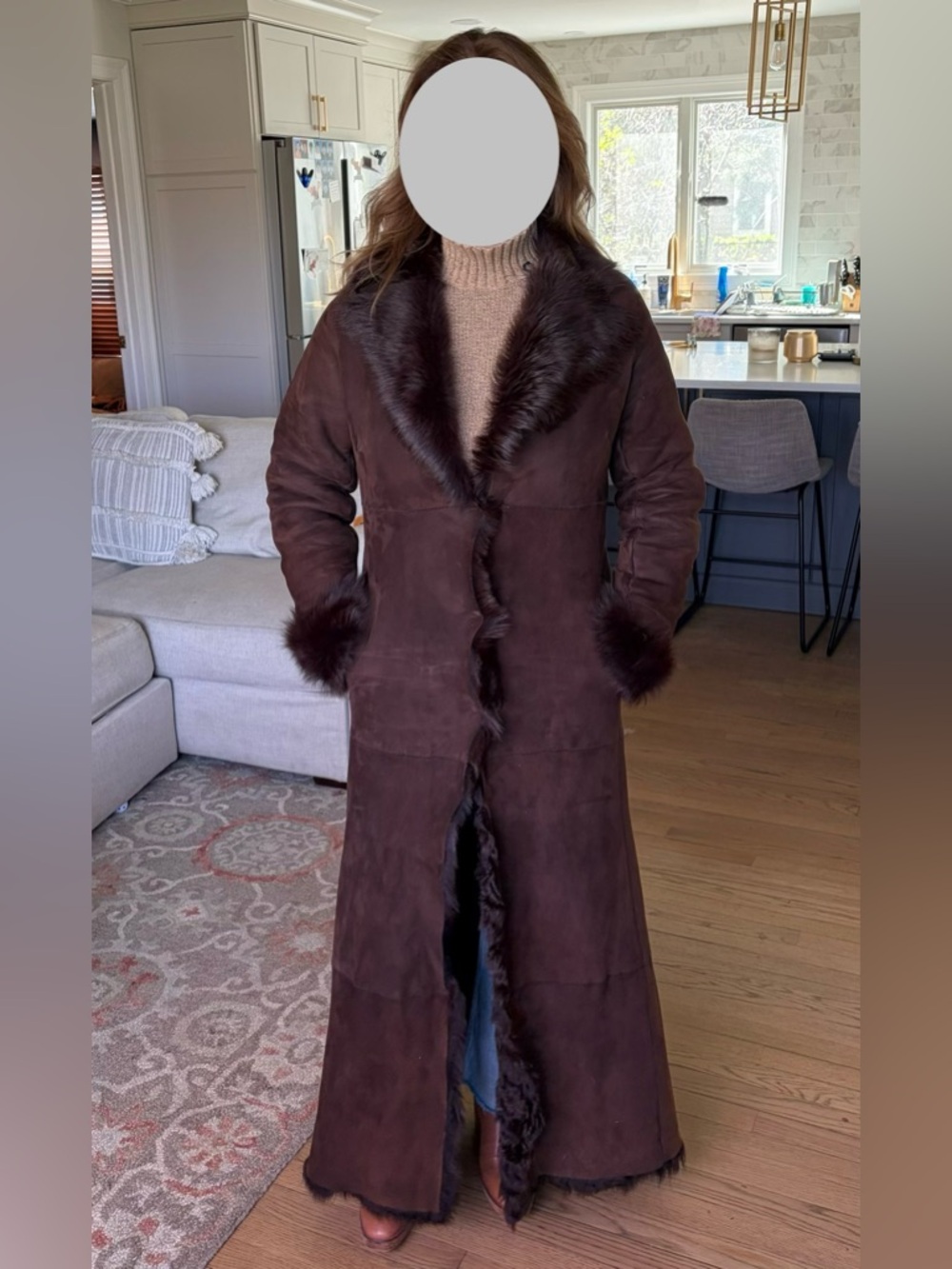 Banana Republic Real Shearling Suede Coat Full Length Chocolate Brown Boho Luxe